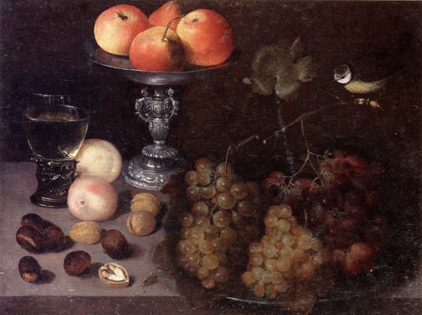 Still life of grapes on a pewter dish,together with peaches,nuts,a glass roemer and a silver tazza containing apples and pears,and a blue-tit